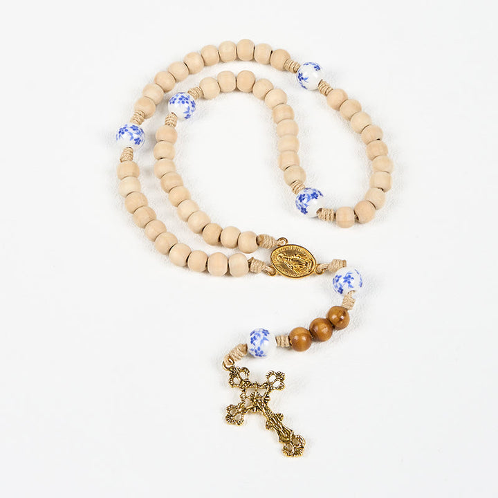 Christianartworkshop Handgefertigter Rosenkranz aus Holz und Keramikperlen mit Wundertätiger Medaille und Kruzifix