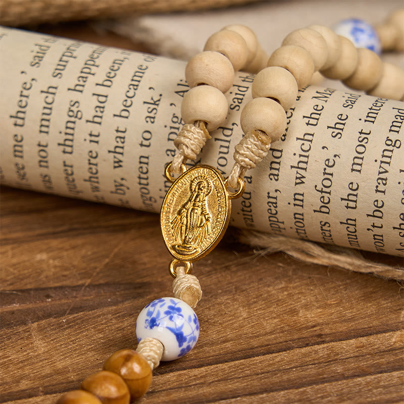 Christianartworkshop Handgefertigter Rosenkranz aus Holz und Keramikperlen mit Wundertätiger Medaille und Kruzifix