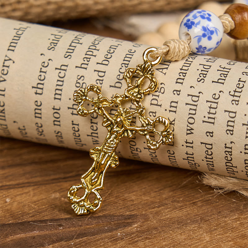 Christianartworkshop Handgefertigter Rosenkranz aus Holz und Keramikperlen mit Wundertätiger Medaille und Kruzifix