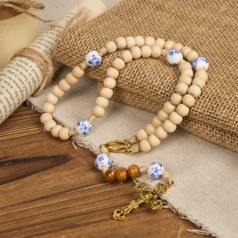 Christianartworkshop Handgefertigter Rosenkranz aus Holz und Keramikperlen mit Wundertätiger Medaille und Kruzifix