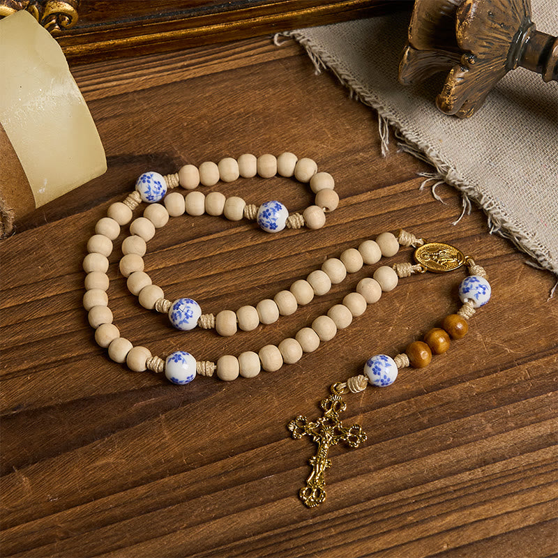 Christianartworkshop Handgefertigter Rosenkranz aus Holz und Keramikperlen mit Wundertätiger Medaille und Kruzifix