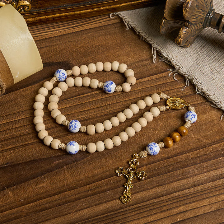 Christianartworkshop Handgefertigter Rosenkranz aus Holz und Keramikperlen mit Wundertätiger Medaille und Kruzifix