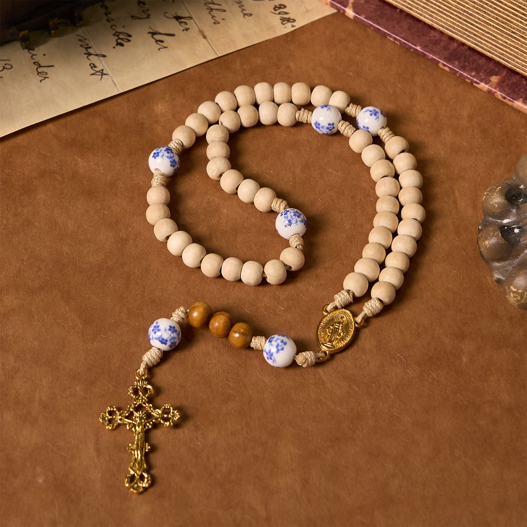 Christianartworkshop Handgefertigter Rosenkranz aus Holz und Keramikperlen mit Wundertätiger Medaille und Kruzifix