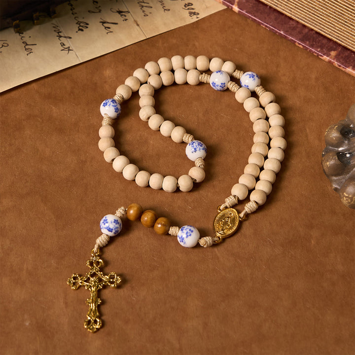 Christianartworkshop Handgefertigter Rosenkranz aus Holz und Keramikperlen mit Wundertätiger Medaille und Kruzifix