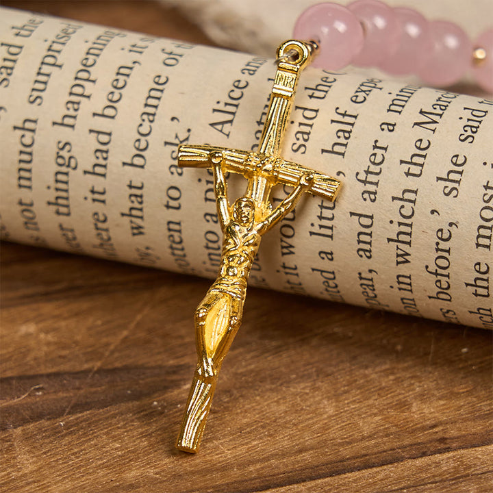 Christianartworkshop Handgefertigter Rosenkranz mit rosa Chalcedon und goldenem Porzellansand, Vaterunser-Perlen