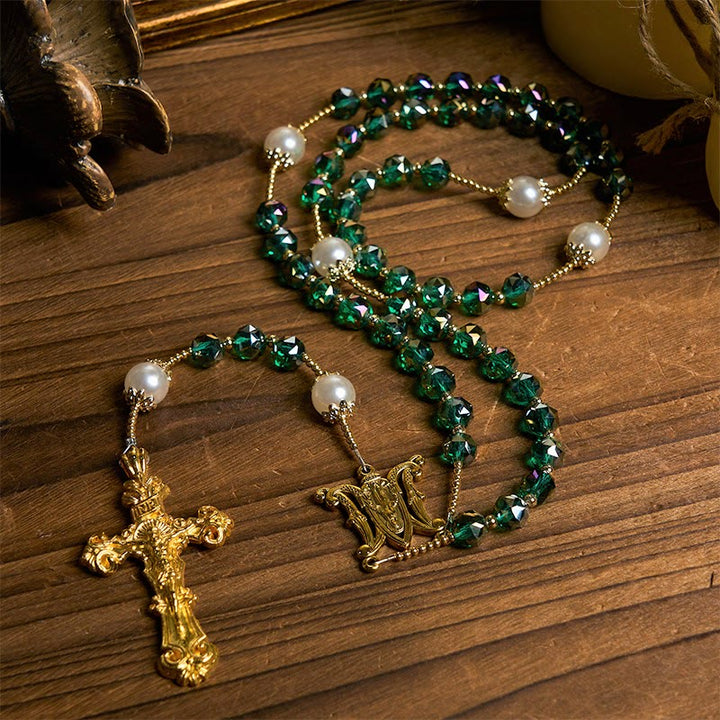 Christianartworkshop Handgefertigter Rosenkranz mit smaragdgrünen Kristallen und Perlen, Vaterunser, Göttliche Gnade