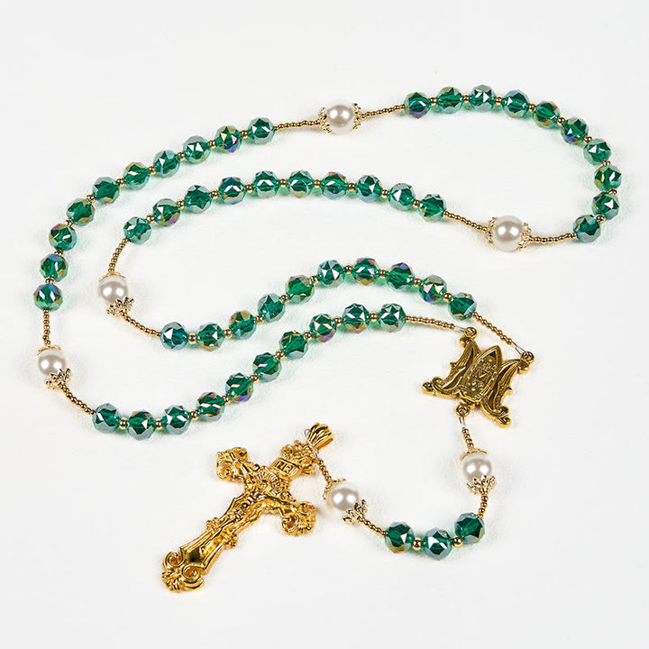 Christianartworkshop Handgefertigter Rosenkranz mit smaragdgrünen Kristallen und Perlen, Vaterunser, Göttliche Gnade