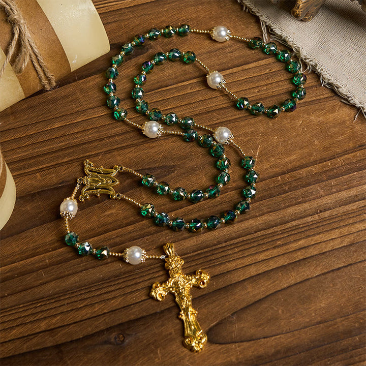 Christianartworkshop Handgefertigter Rosenkranz mit smaragdgrünen Kristallen und Perlen, Vaterunser, Göttliche Gnade