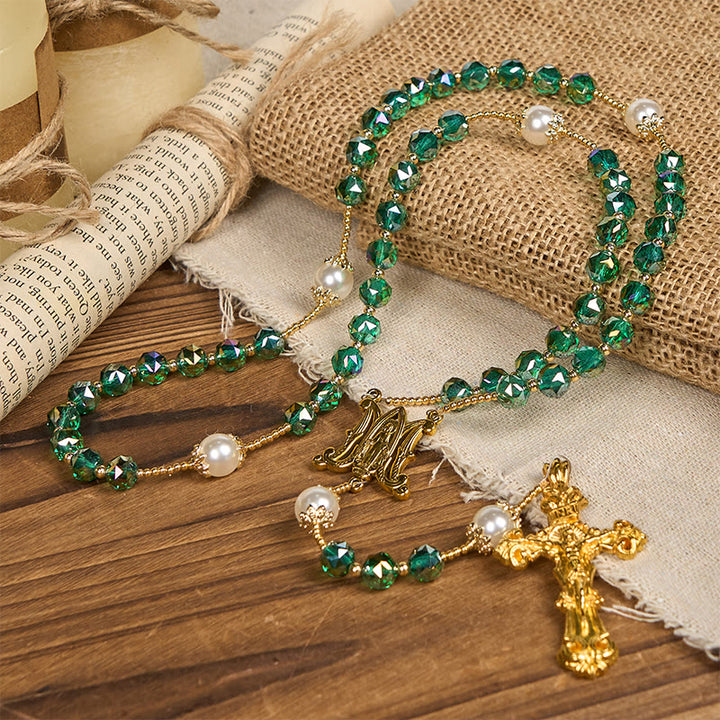 Christianartworkshop Handgefertigter Rosenkranz mit smaragdgrünen Kristallen und Perlen, Vaterunser, Göttliche Gnade