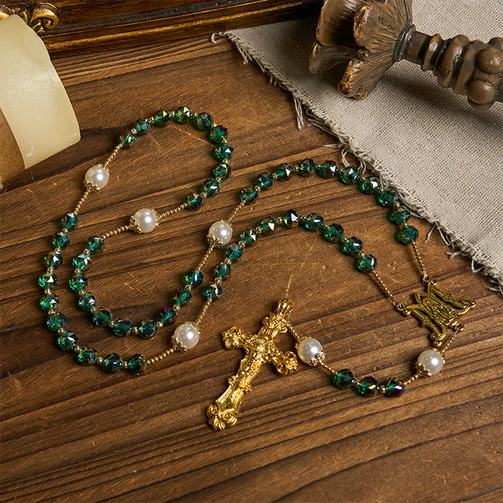 Christianartworkshop Handgefertigter Rosenkranz mit smaragdgrünen Kristallen und Perlen, Vaterunser, Göttliche Gnade