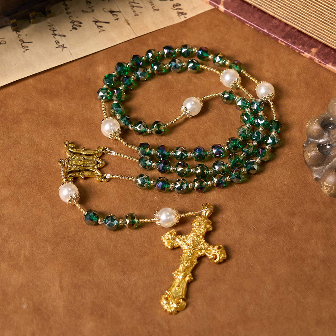 Christianartworkshop Handgefertigter Rosenkranz mit smaragdgrünen Kristallen und Perlen, Vaterunser, Göttliche Gnade