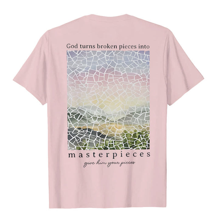 Christianartworkshop T-Shirt mit Aufschrift „Gott verwandelt zerbrochene Stücke in Meisterwerke“
