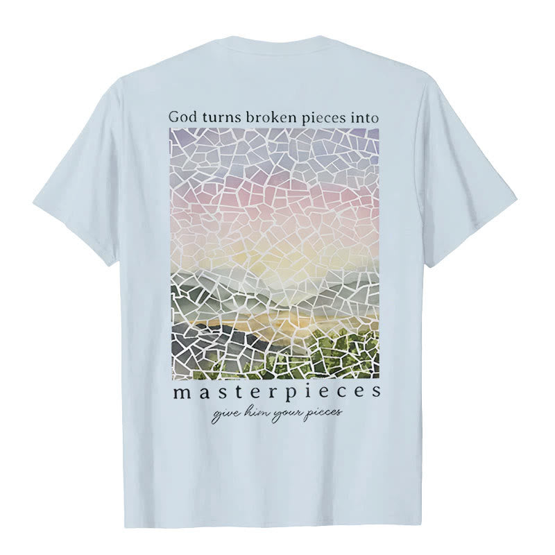 Christianartworkshop T-Shirt mit Aufschrift „Gott verwandelt zerbrochene Stücke in Meisterwerke“