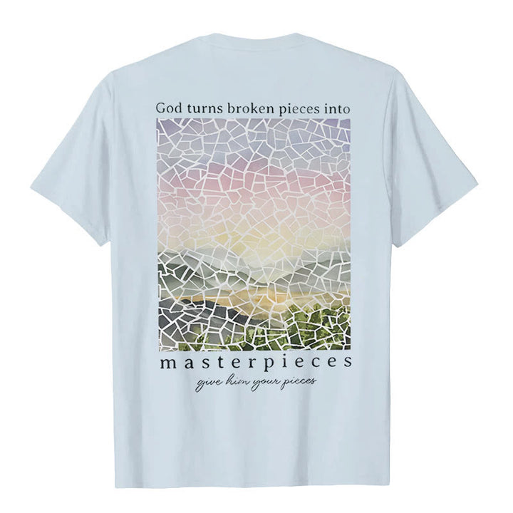 Christianartworkshop T-Shirt mit Aufschrift „Gott verwandelt zerbrochene Stücke in Meisterwerke“