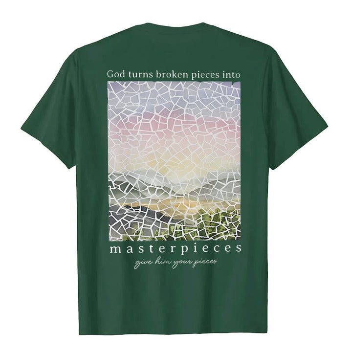 Christianartworkshop T-Shirt mit Aufschrift „Gott verwandelt zerbrochene Stücke in Meisterwerke“