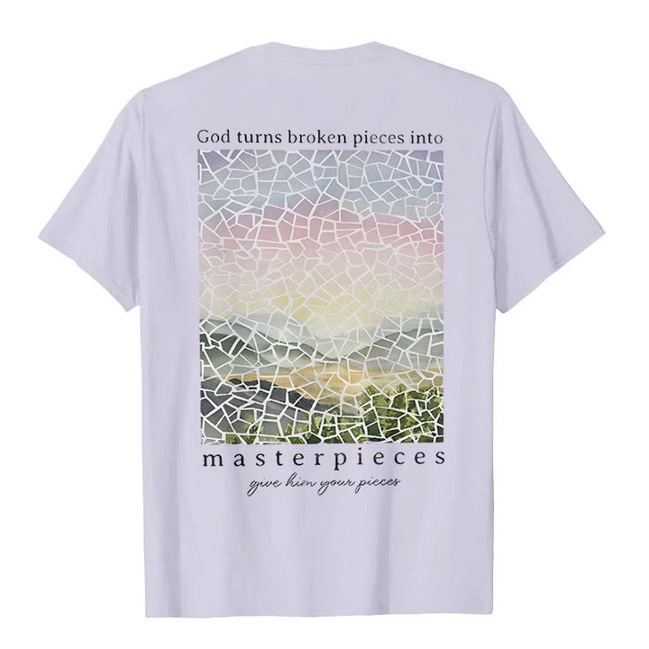 Christianartworkshop T-Shirt mit Aufschrift „Gott verwandelt zerbrochene Stücke in Meisterwerke“