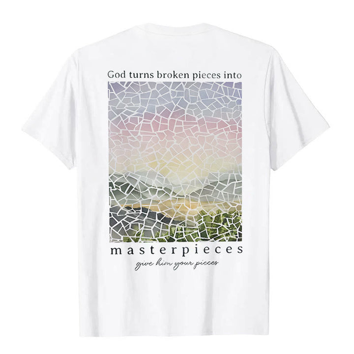 Christianartworkshop T-Shirt mit Aufschrift „Gott verwandelt zerbrochene Stücke in Meisterwerke“