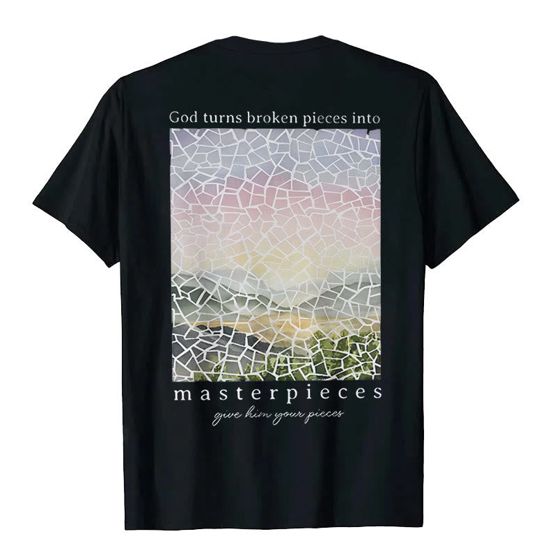 Christianartworkshop T-Shirt mit Aufschrift „Gott verwandelt zerbrochene Stücke in Meisterwerke“