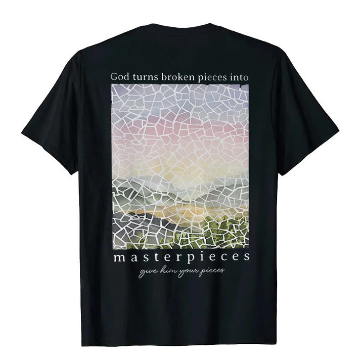Christianartworkshop T-Shirt mit Aufschrift „Gott verwandelt zerbrochene Stücke in Meisterwerke“