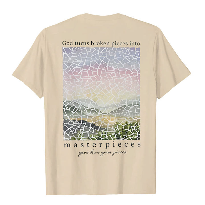 Christianartworkshop T-Shirt mit Aufschrift „Gott verwandelt zerbrochene Stücke in Meisterwerke“