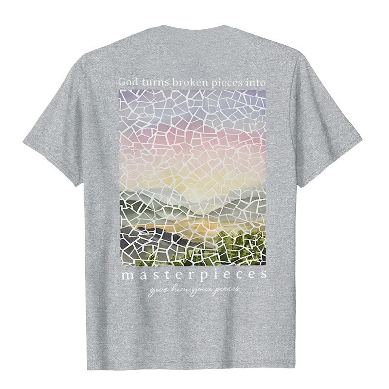 Christianartworkshop T-Shirt mit Aufschrift „Gott verwandelt zerbrochene Stücke in Meisterwerke“