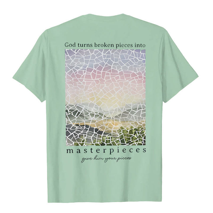 Christianartworkshop T-Shirt mit Aufschrift „Gott verwandelt zerbrochene Stücke in Meisterwerke“