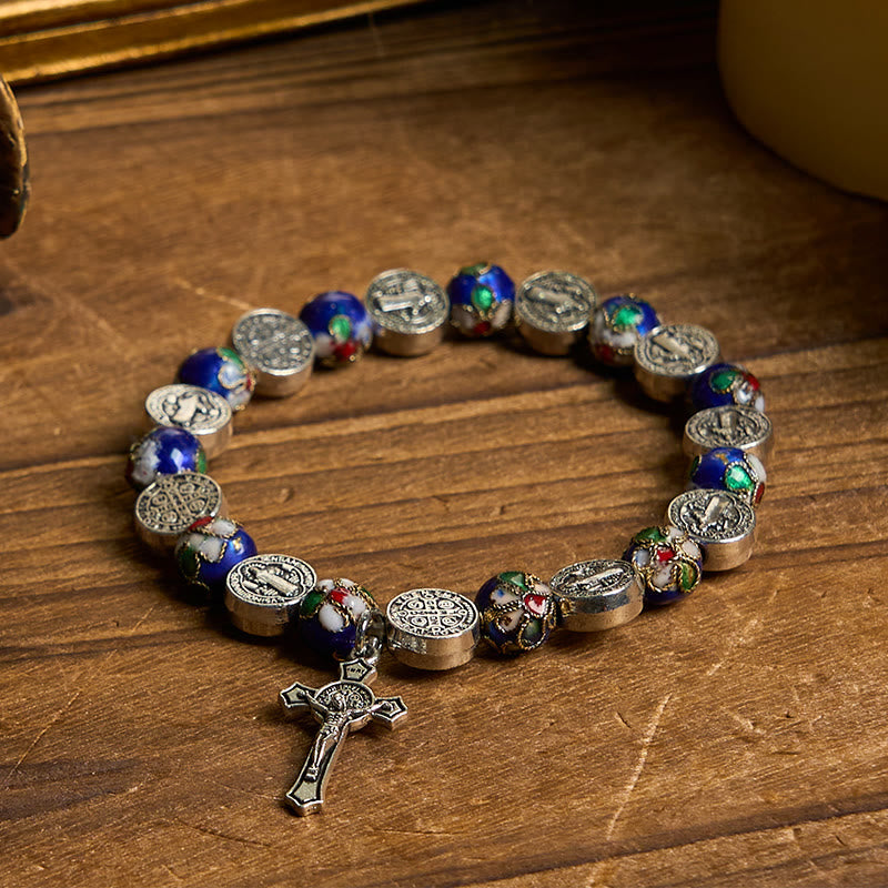 Christianartworkshop Handgefertigtes Armband mit blauen Cloisonné-Perlen und göttlichem Segen: Ein Symbol des Glaubens