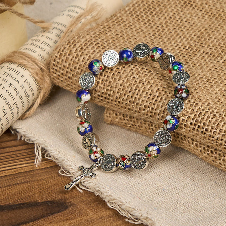 Christianartworkshop Handgefertigtes Armband mit blauen Cloisonné-Perlen und göttlichem Segen: Ein Symbol des Glaubens
