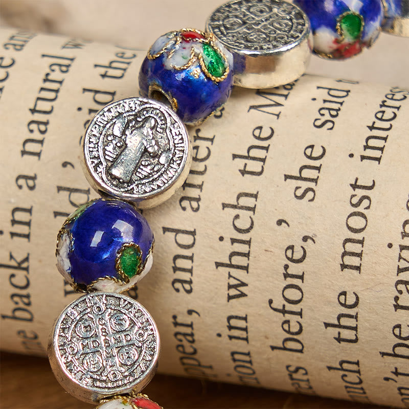 Christianartworkshop Handgefertigtes Armband mit blauen Cloisonné-Perlen und göttlichem Segen: Ein Symbol des Glaubens