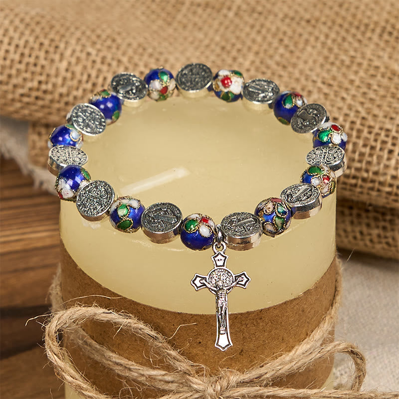 Christianartworkshop Handgefertigtes Armband mit blauen Cloisonné-Perlen und göttlichem Segen: Ein Symbol des Glaubens