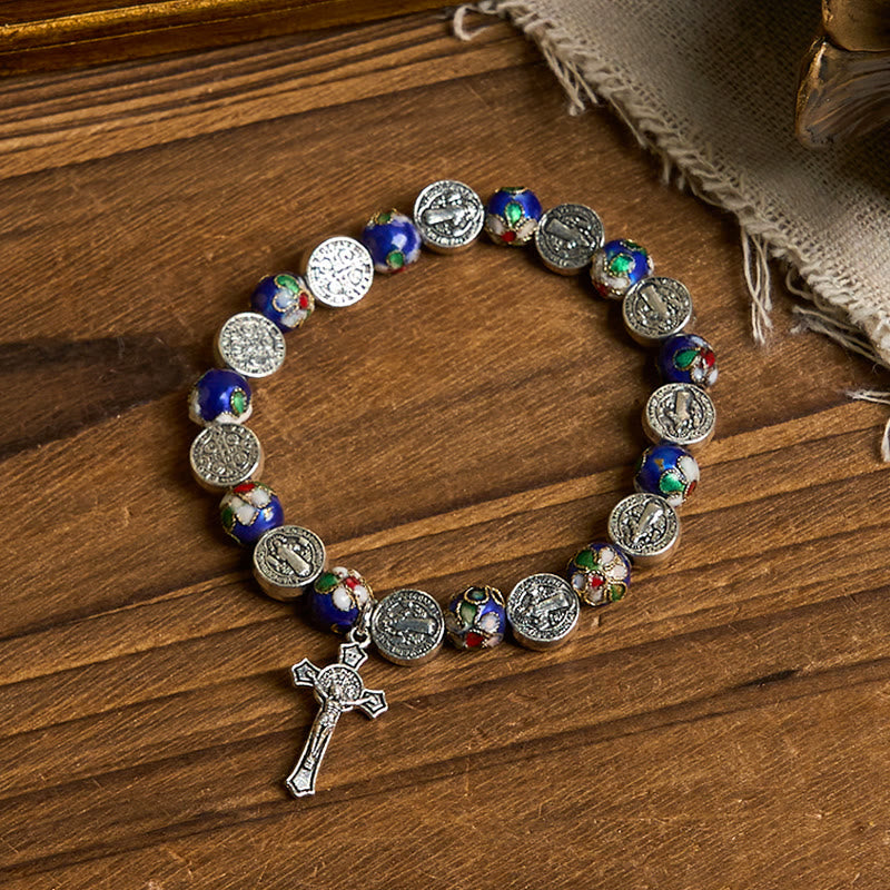 Christianartworkshop Handgefertigtes Armband mit blauen Cloisonné-Perlen und göttlichem Segen: Ein Symbol des Glaubens