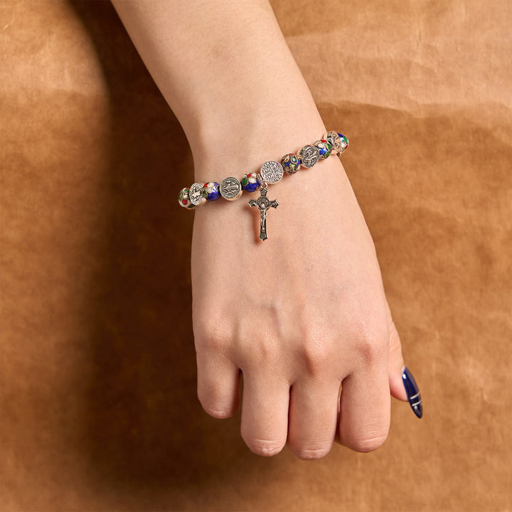 Christianartworkshop Handgefertigtes Armband mit blauen Cloisonné-Perlen und göttlichem Segen: Ein Symbol des Glaubens