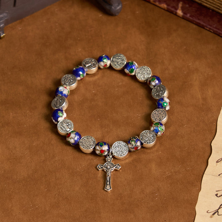 Christianartworkshop Handgefertigtes Armband mit blauen Cloisonné-Perlen und göttlichem Segen: Ein Symbol des Glaubens