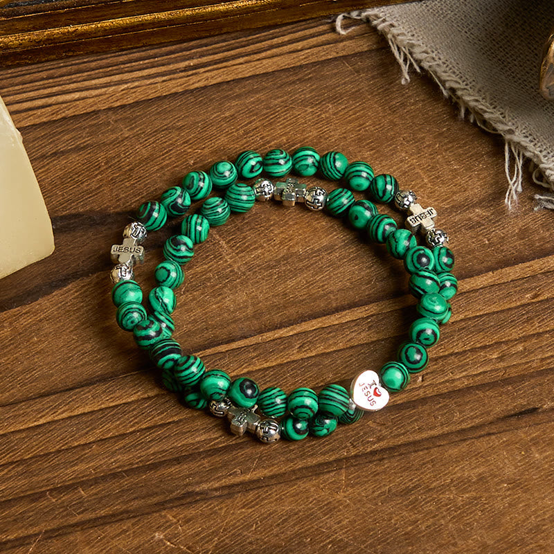 Christianartworkshop Grüne Malachitperlen Kreuz Ich liebe Jesus Rosenkranz Armband - image 1