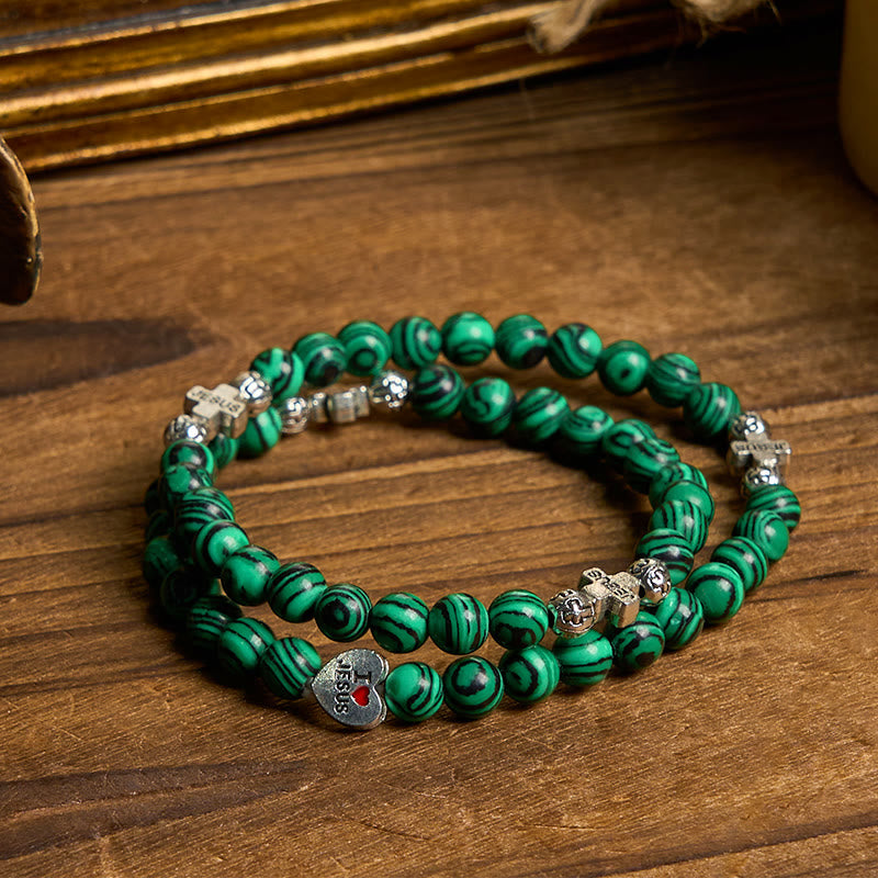 Christianartworkshop Grüne Malachitperlen Kreuz Ich liebe Jesus Rosenkranz Armband - Malachit - image 0