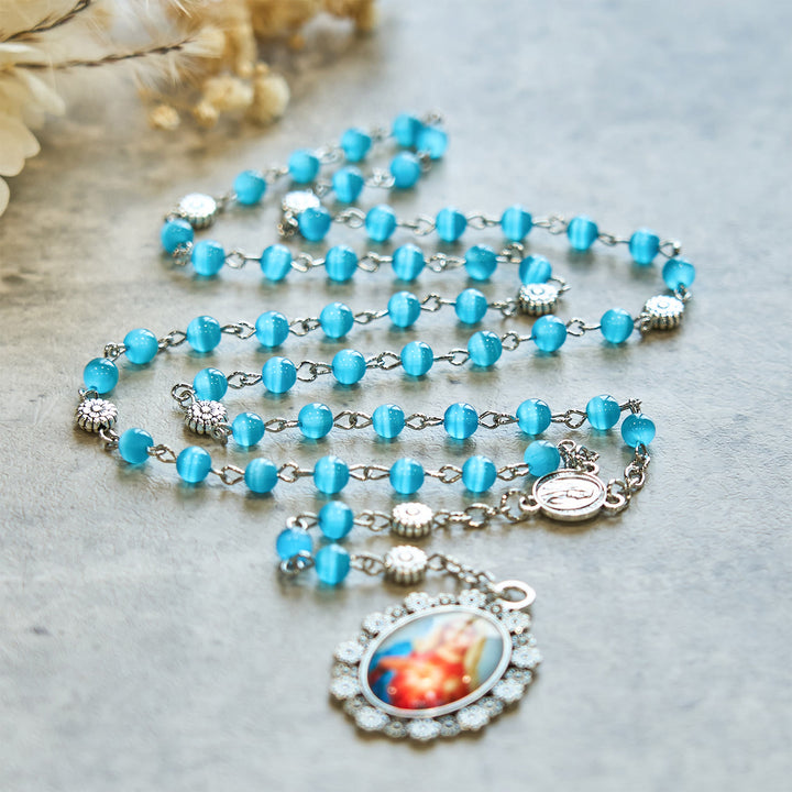 Christianartworkshop Rosenkranz „Unbeflecktes Herz Mariens“, 6 mm, glänzende Glasperlen, seeblau, 7 Leiden