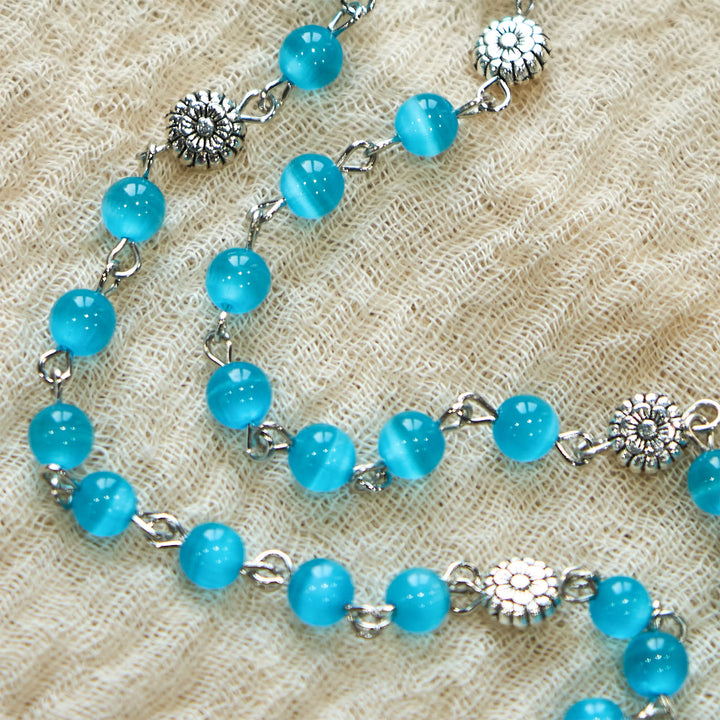 Christianartworkshop Rosenkranz „Unbeflecktes Herz Mariens“, 6 mm, glänzende Glasperlen, seeblau, 7 Leiden