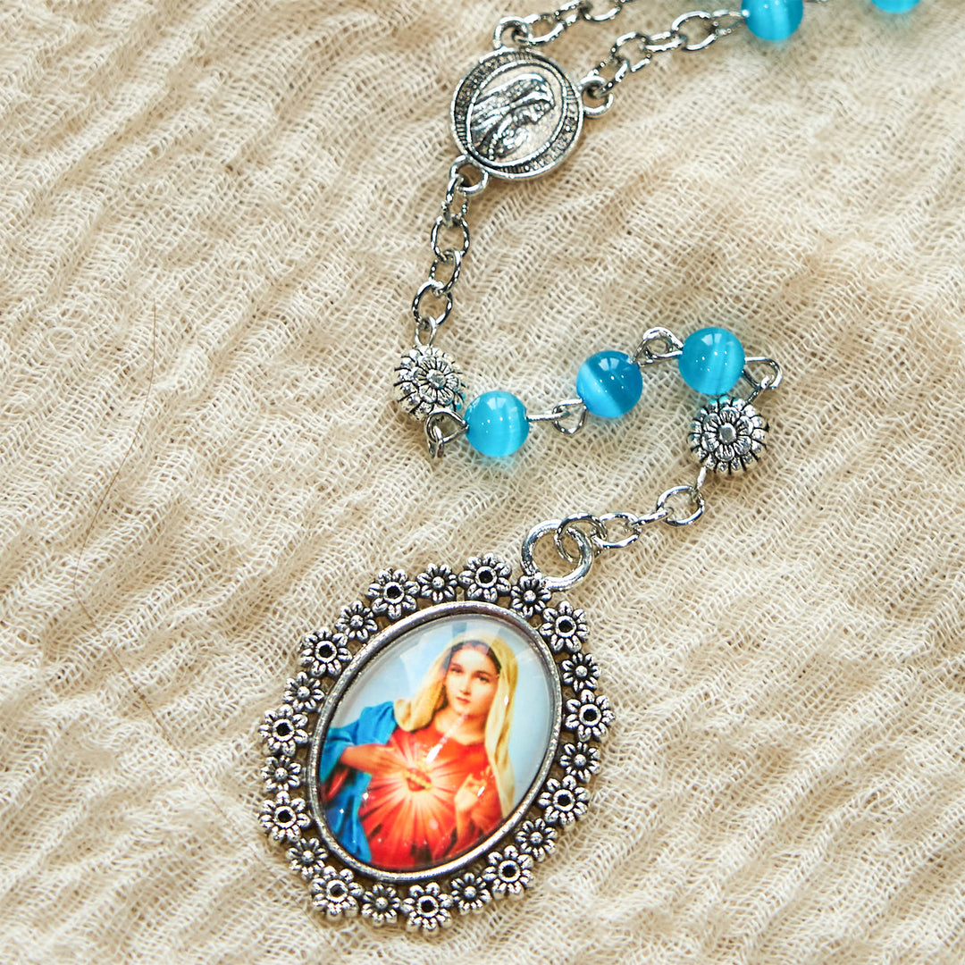 Christianartworkshop Rosenkranz „Unbeflecktes Herz Mariens“, 6 mm, glänzende Glasperlen, seeblau, 7 Leiden