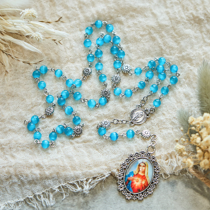 Christianartworkshop Rosenkranz „Unbeflecktes Herz Mariens“, 6 mm, glänzende Glasperlen, seeblau, 7 Leiden