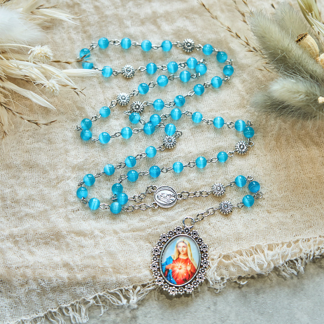 Christianartworkshop Rosenkranz „Unbeflecktes Herz Mariens“, 6 mm, glänzende Glasperlen, seeblau, 7 Leiden