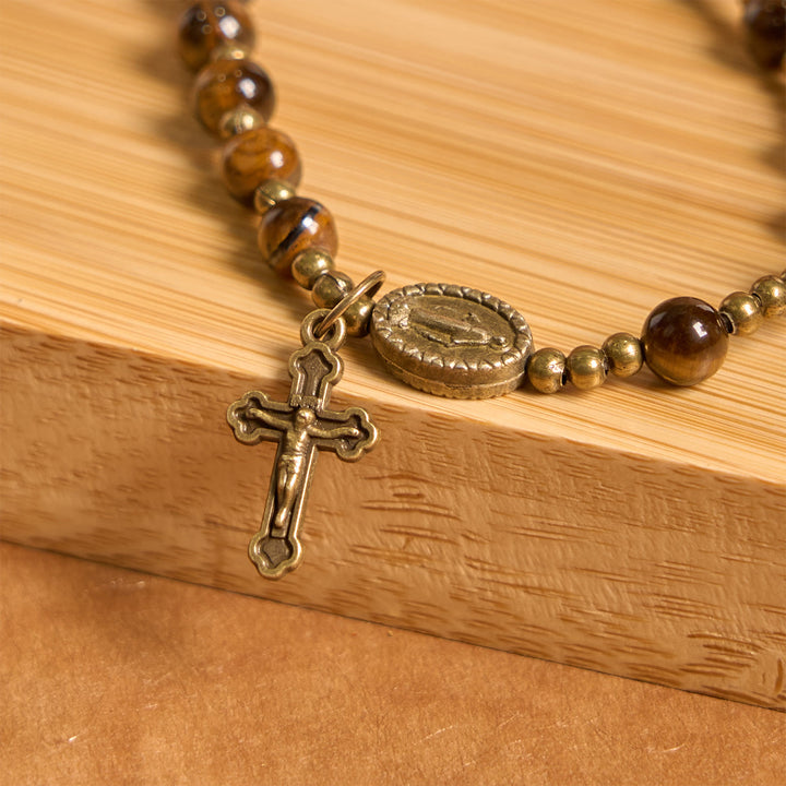 Christianartworkshop Handgefertigtes elastisches Rosenkranzarmband aus Tigerauge-Stein: Ein spiritueller Edelstein mit doppeltem Verwendungszweck