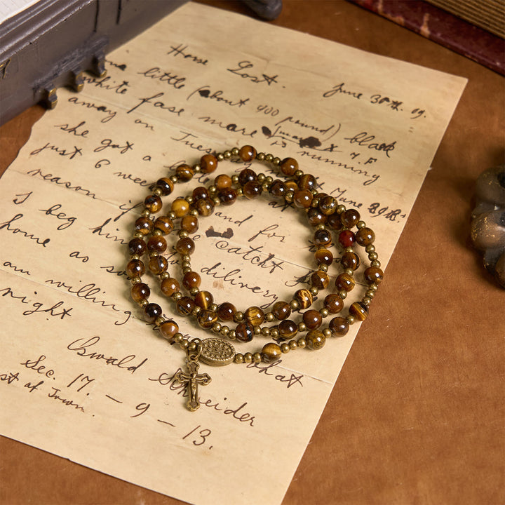 Christianartworkshop GEBETSVOLLER GLAUBE: Handgefertigtes elastisches Rosenkranzarmband aus Tigerauge-Stein - image 3