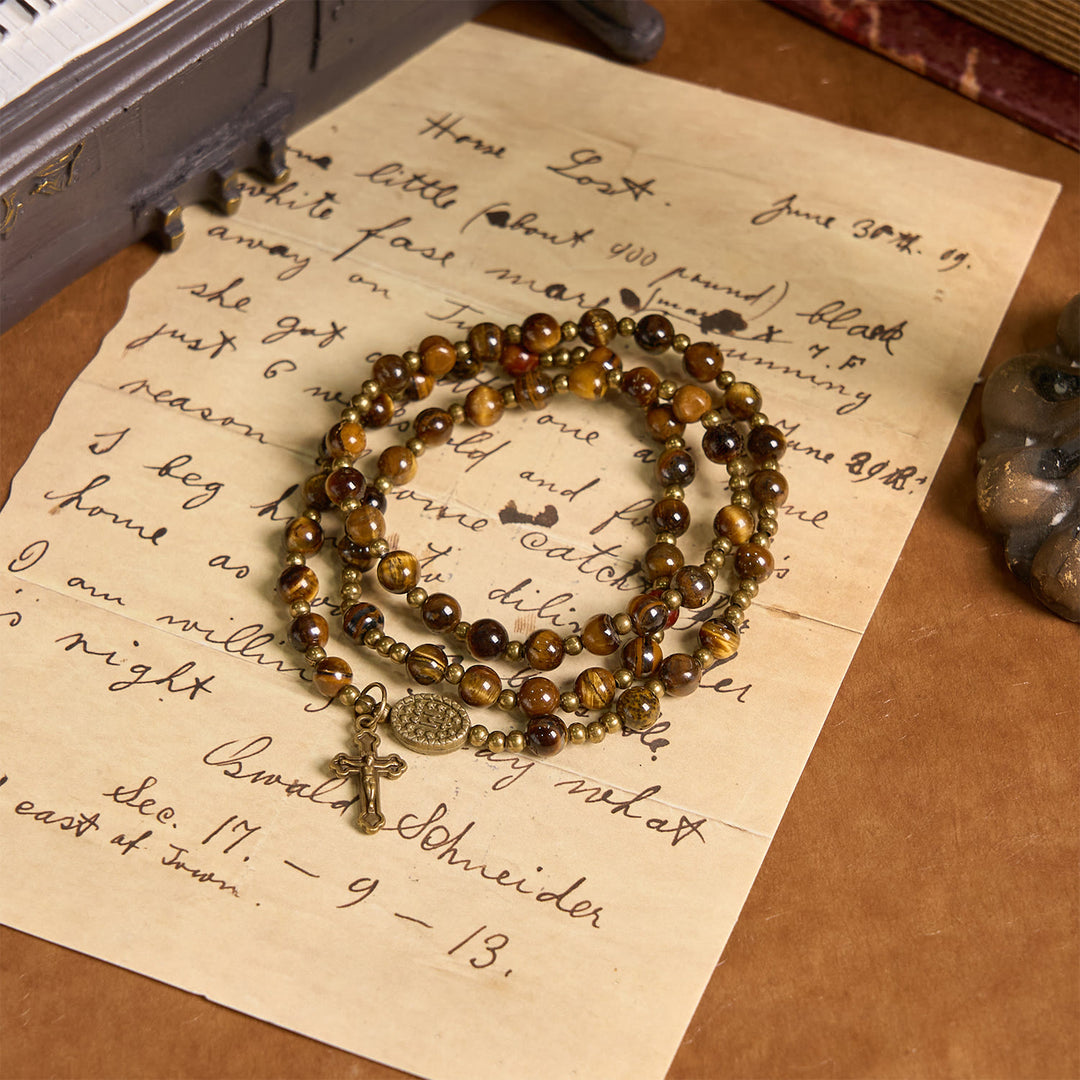 Christianartworkshop GEBETSVOLLER GLAUBE: Handgefertigtes elastisches Rosenkranzarmband aus Tigerauge-Stein - image 8