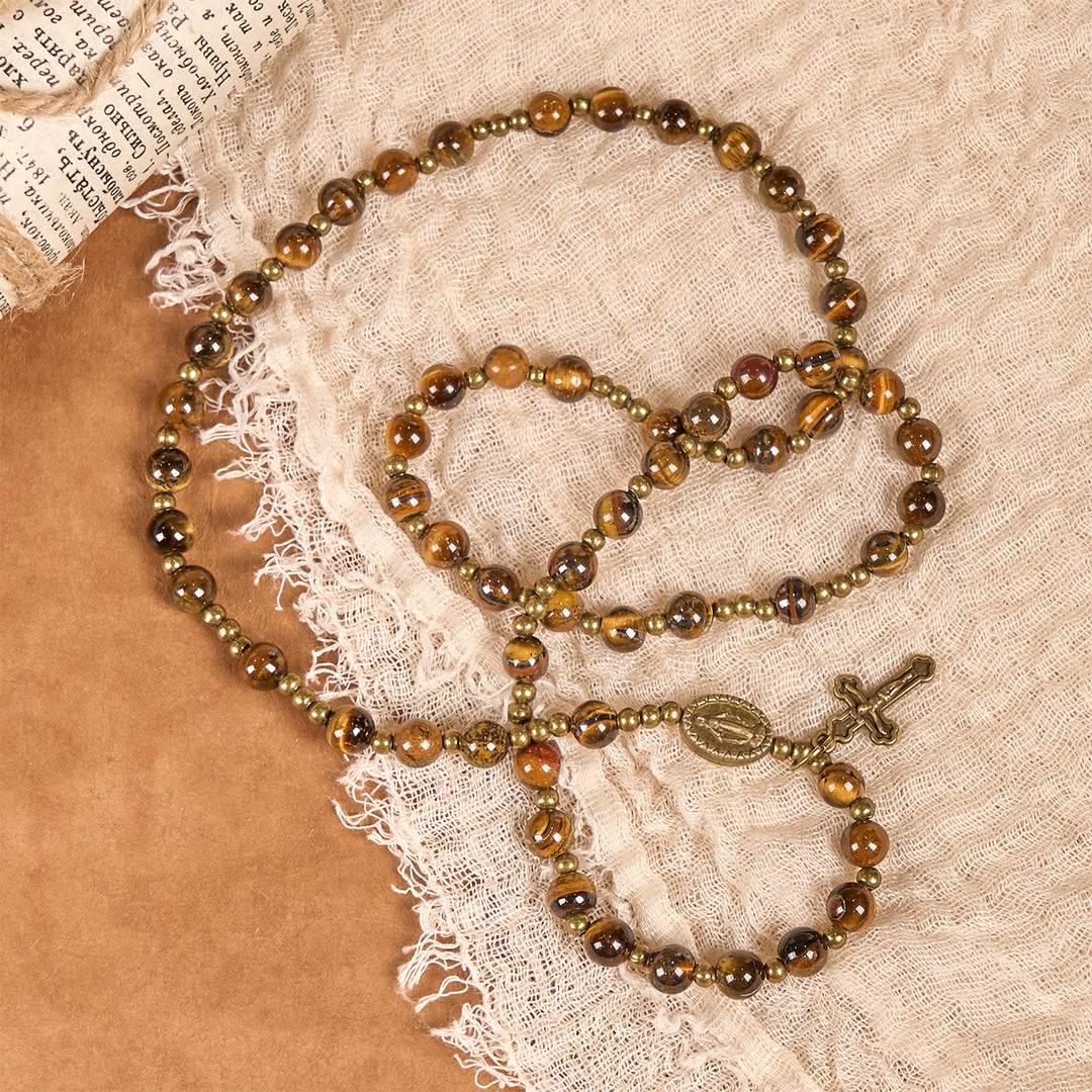 Christianartworkshop GEBETSVOLLER GLAUBE: Handgefertigtes elastisches Rosenkranzarmband aus Tigerauge-Stein - image 4