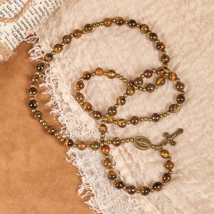 Christianartworkshop GEBETSVOLLER GLAUBE: Handgefertigtes elastisches Rosenkranzarmband aus Tigerauge-Stein - image 4