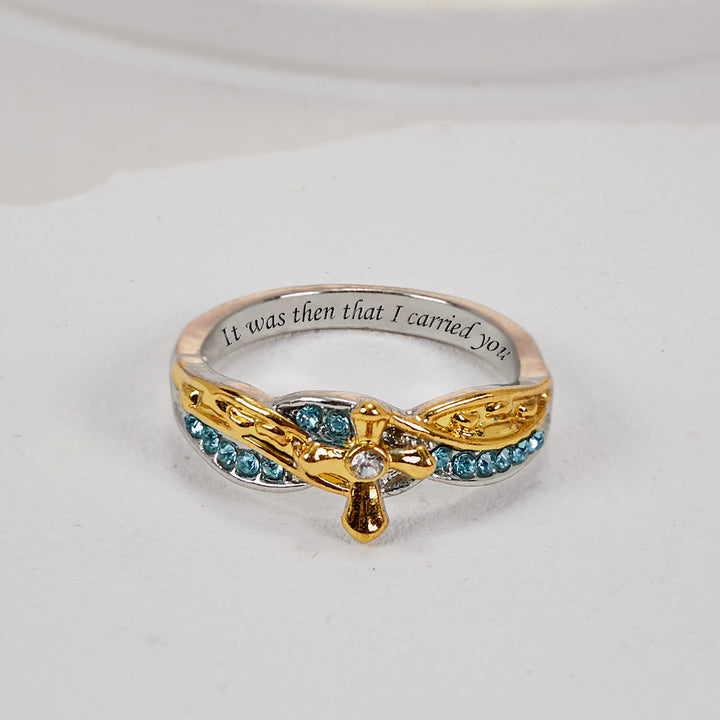 Christianartworkshop Zweifarbiger Ring aus Legierung mit christlichem Gedicht „Fußabdrücke im Sand“