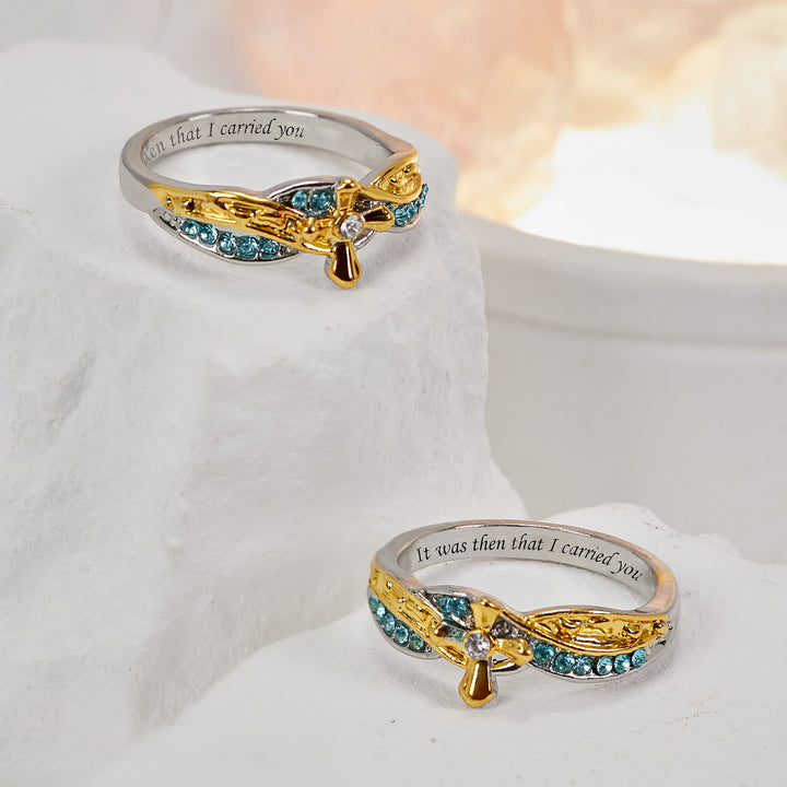 Christianartworkshop Zweifarbiger Ring aus Legierung mit christlichem Gedicht „Fußabdrücke im Sand“
