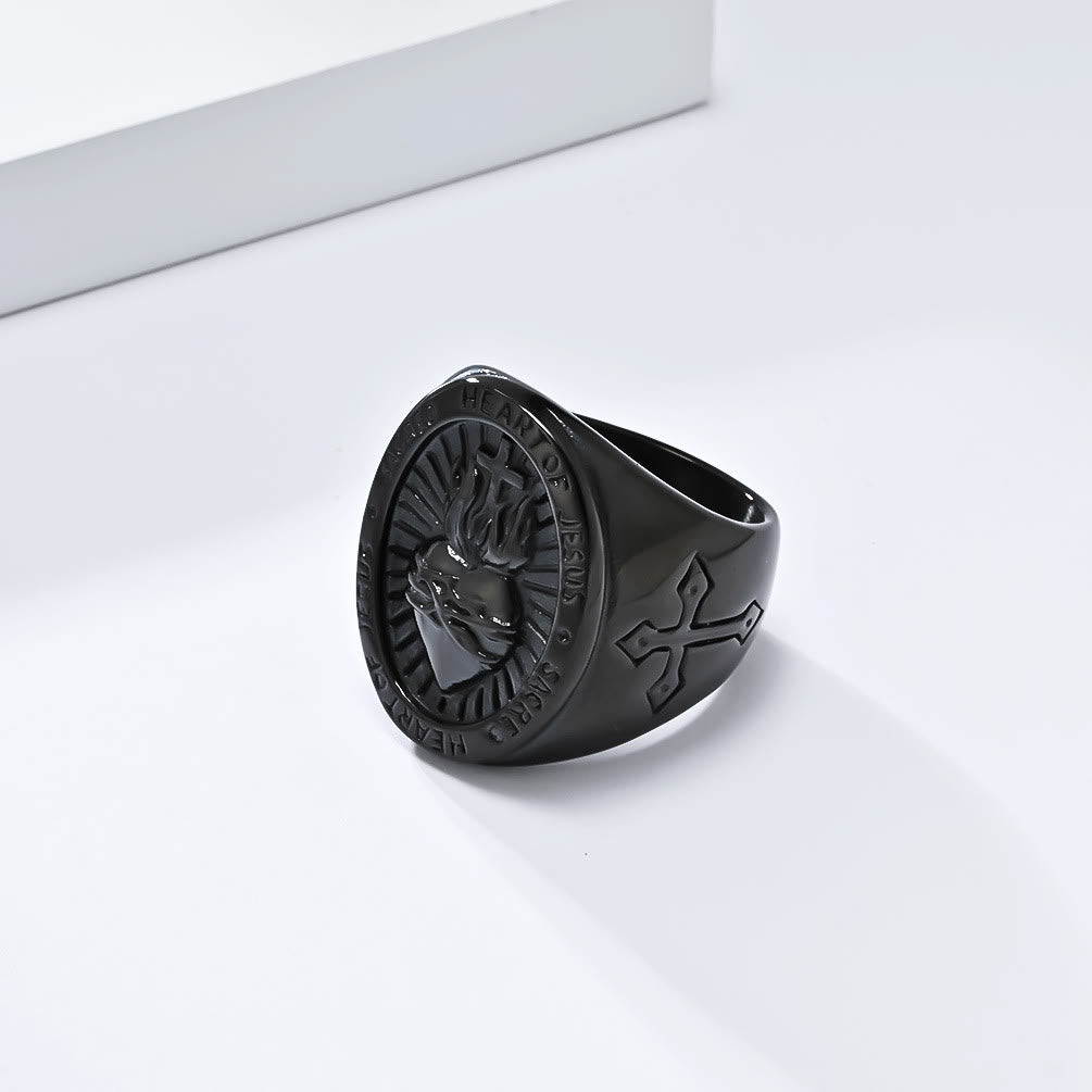 Christianartworkshop Ring mit dem Heiligen Herzen Jesu, Kreuz, Glaubens- und Geistessegen, 3 Farben