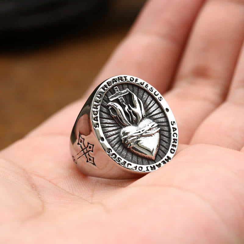 Christianartworkshop Ring mit dem Heiligen Herzen Jesu, Kreuz, Glaubens- und Geistessegen, 3 Farben