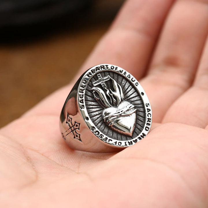 Christianartworkshop Ring mit dem Heiligen Herzen Jesu, Kreuz, Glaubens- und Geistessegen, 3 Farben